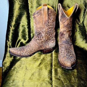Distressed leopard suede cowboy boots